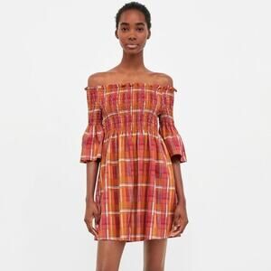 Zara Orange & Red Plaid Off the Shoulder Smoked Dress Size XS